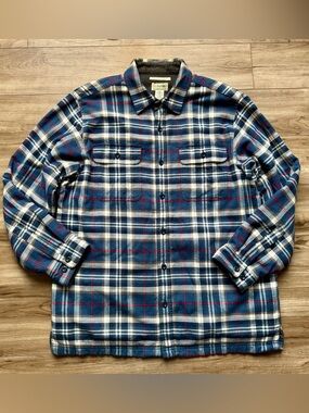 LL BEAN Men's Fleece-Lined Flannel Shirt Traditional Fit Blue Plaid Size Large